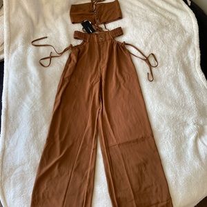 Fashion Nova Brown High-Waist Wide Leg Jumpsuit Set